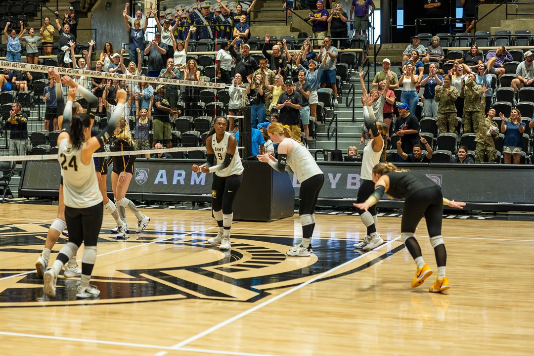 Volleyball: Army celebrates a point against UAlbany at Christl Arena — photographed by Tim Reynolds for 845 Sports Rewind
