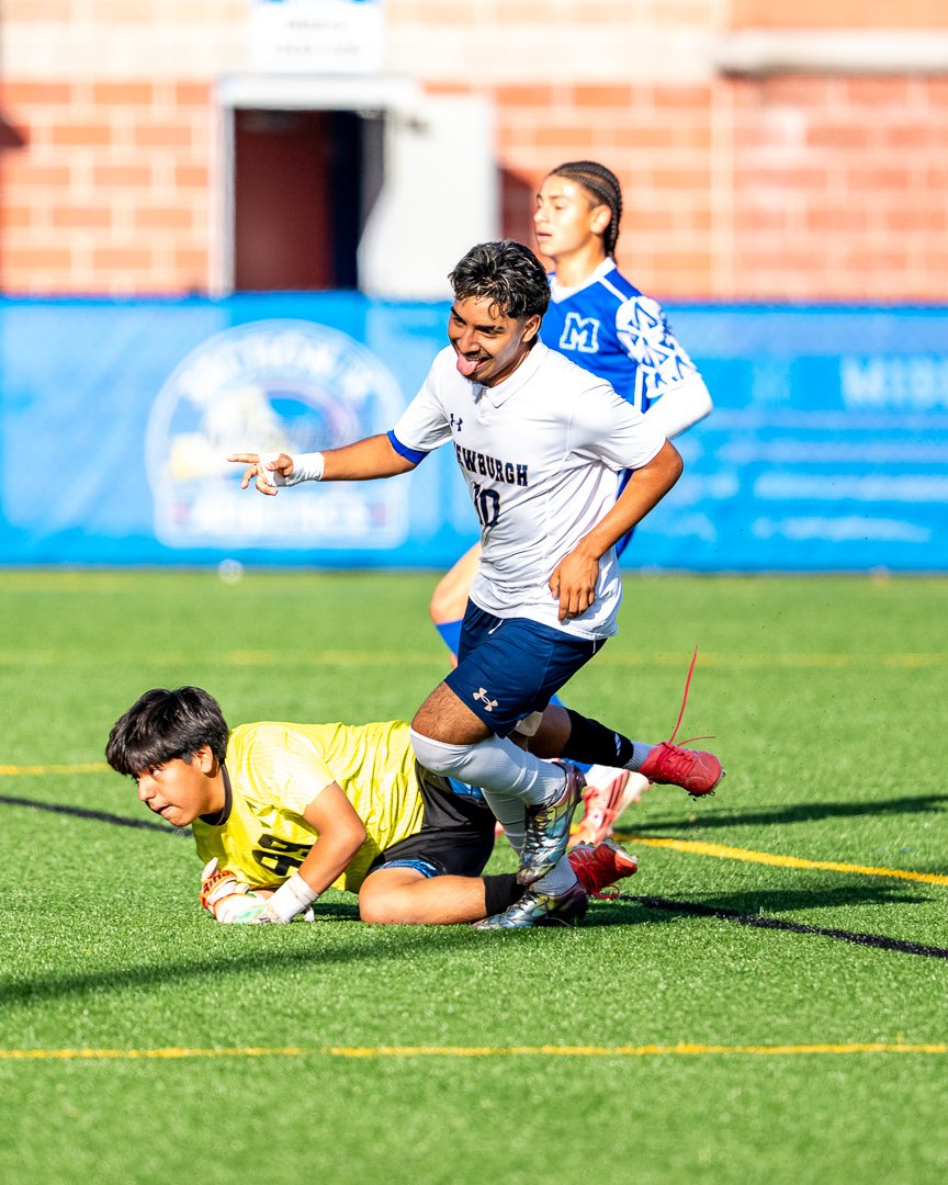 Boys soccer: Newburgh’s No. 10 wheels away after a goal at Middletown — photographed by 845 Sports Rewind Staff