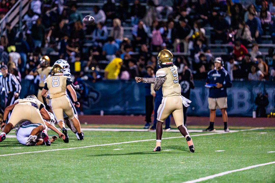 Football: Newburgh Free Academy quarterback Jaiseon Barnwell (5) throws a pass downfield as teammate Austin Lilla (8) blocks at Newburgh — photographed by 845 Sports Rewind Staff for 845 Sports Rewind