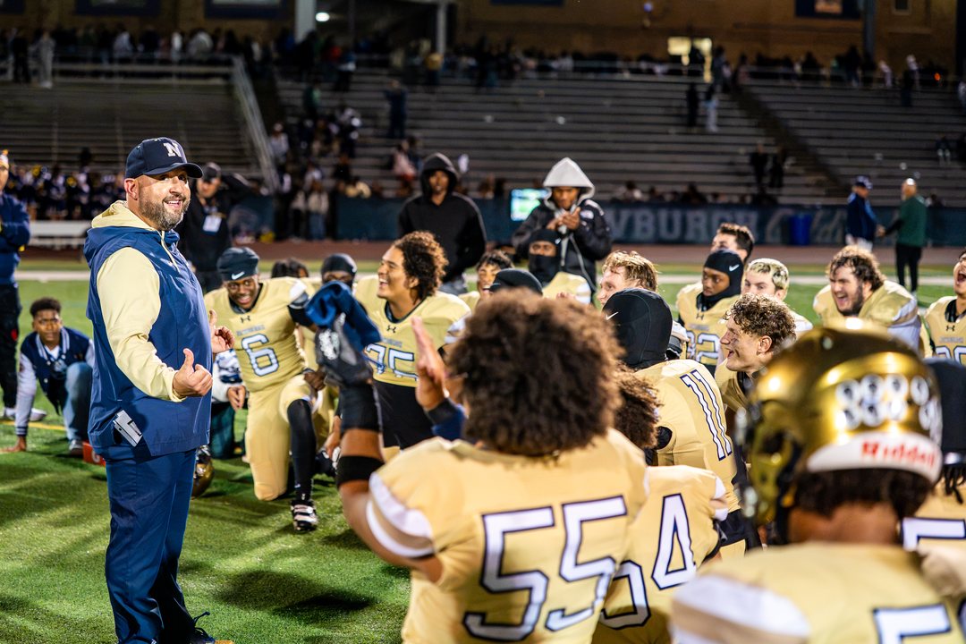 Football: Newburgh head coach Bill Bianco is all smiles as he talks to his team on the field after the Goldbacks’ 31-0 win over Cornwall at Newburgh — photographed by 845 Sports Rewind Staff for 845 Sports Rewind