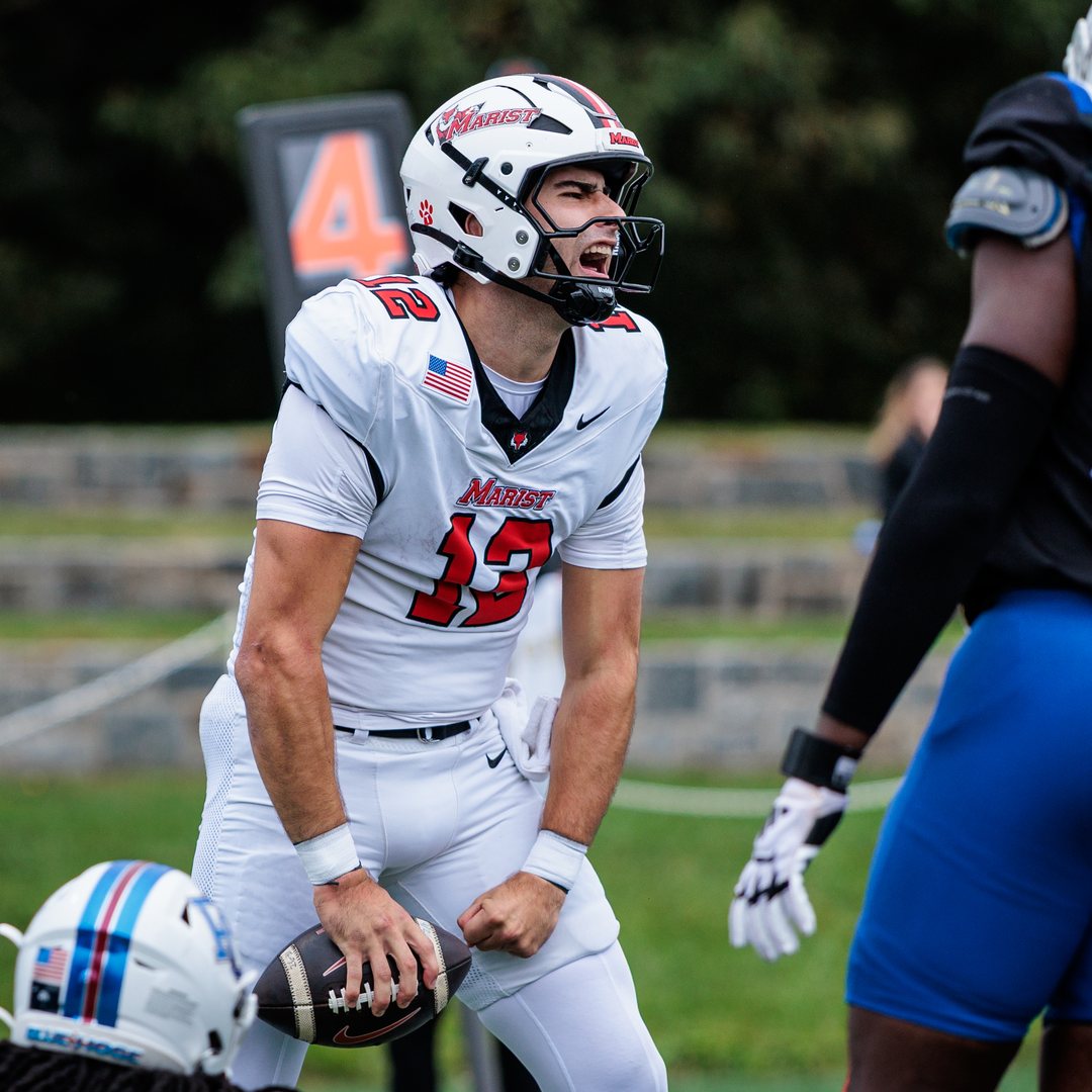 Football: Marist quarterback Sonny Mannino (12) celebrates after a play against Presbyterian at Tenney Stadium — photographed by Michael LaCroix-Fralish for 845 Sports Rewind