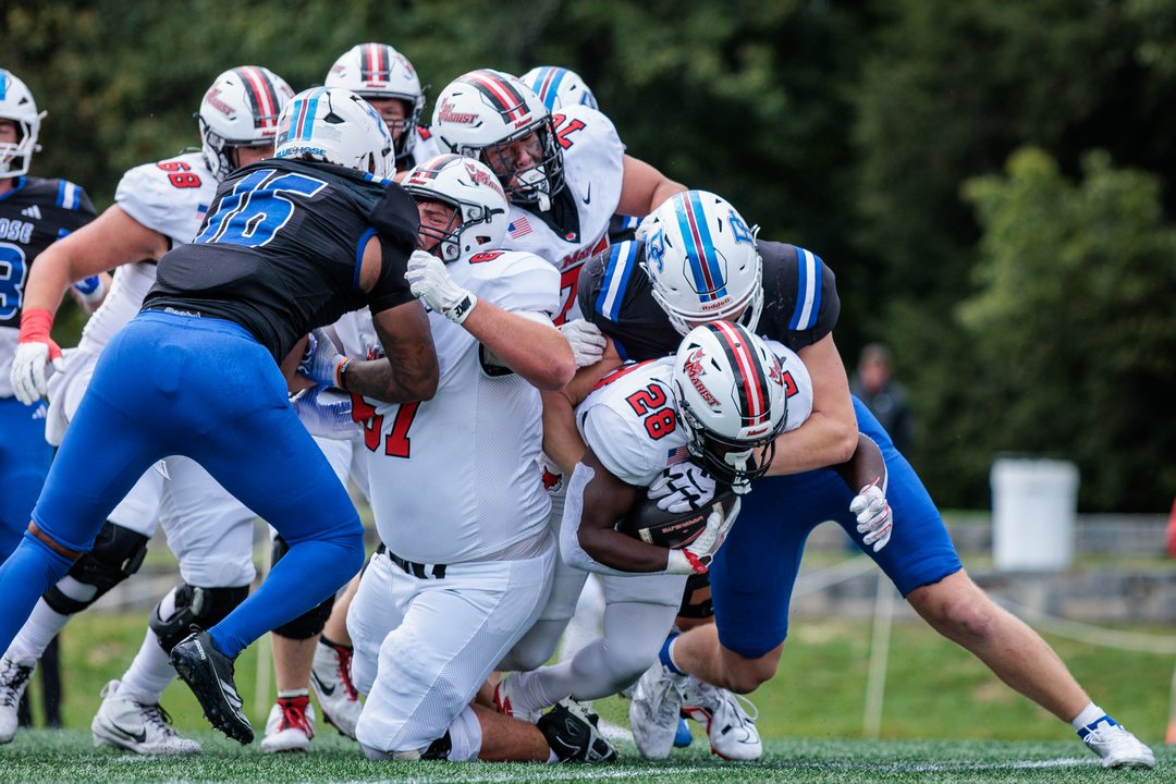 Football: Marist running back Kaden Beard (28) scores on a 5-yard touchdown run against Presbyterian at Tenney Stadium — photographed by Michael LaCroix-Fralish for 845 Sports Rewind