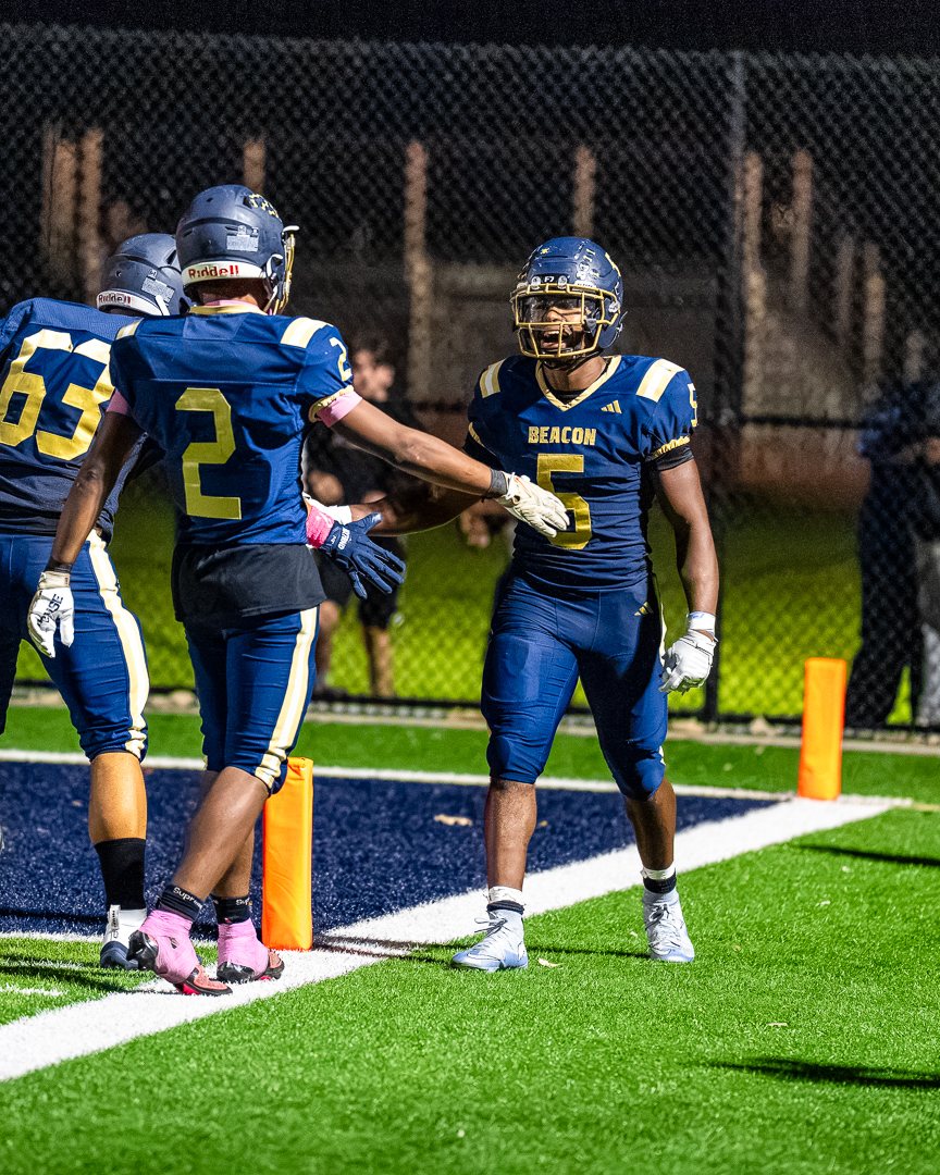 Football: Beacon&rsquo;s Elijah Epps (5) celebrates in the end zone with a teammate after a touchdown against Saugerties &mdash; 845 Sports Rewind staff photo