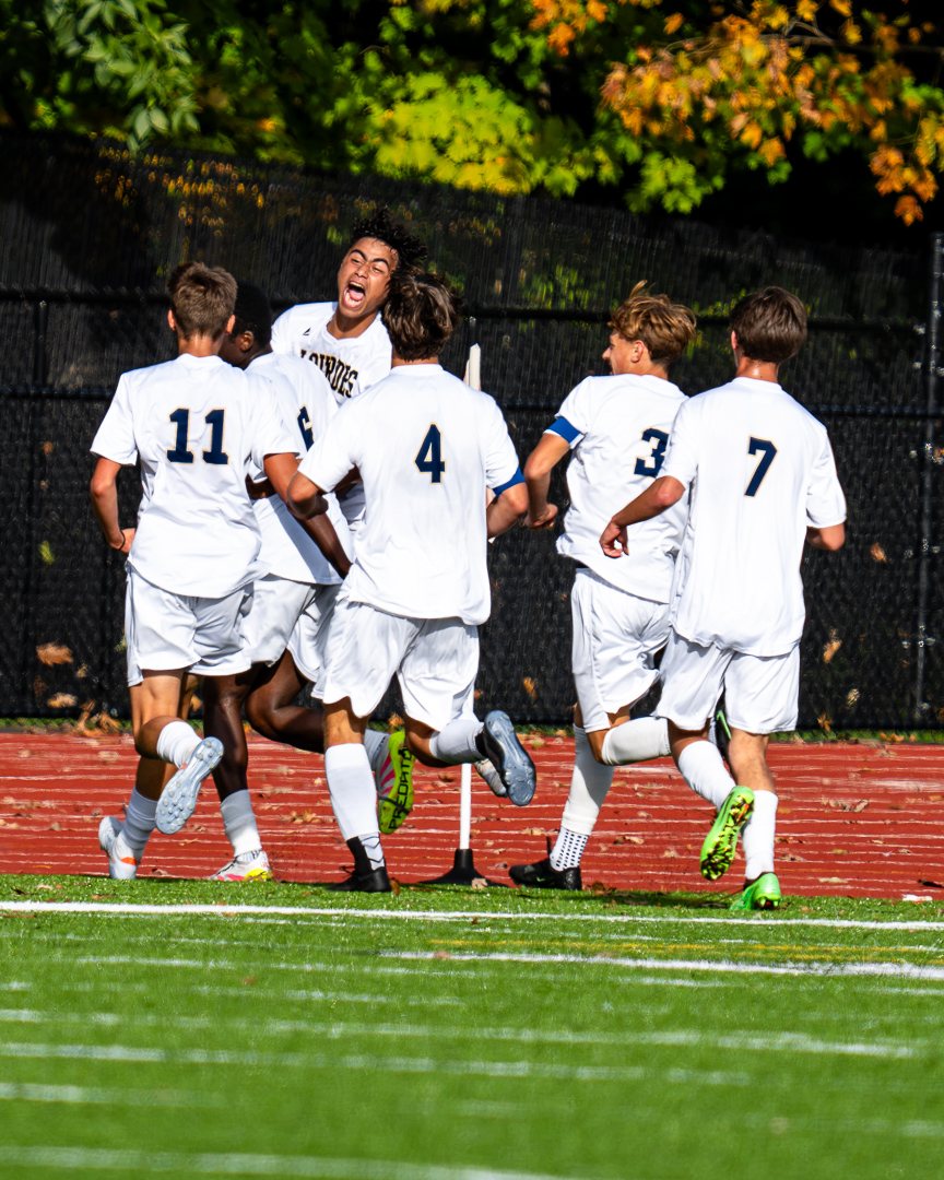 Boys soccer: Lourdes players celebrate a goal against Cornwall — 845 Sports Rewind staff photo