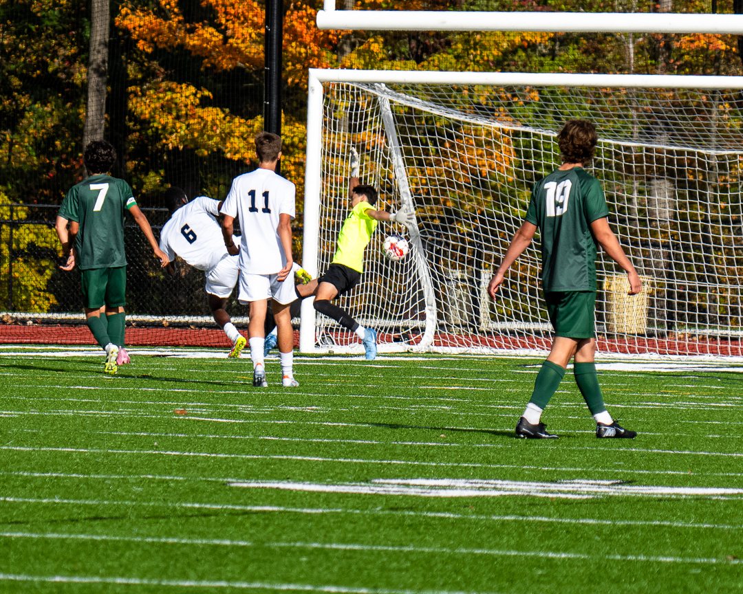 Boys soccer: Lourdes&rsquo; No. 6 follows through on a shot as the Cornwall goalkeeper dives across his line &mdash; 845 Sports Rewind staff photo