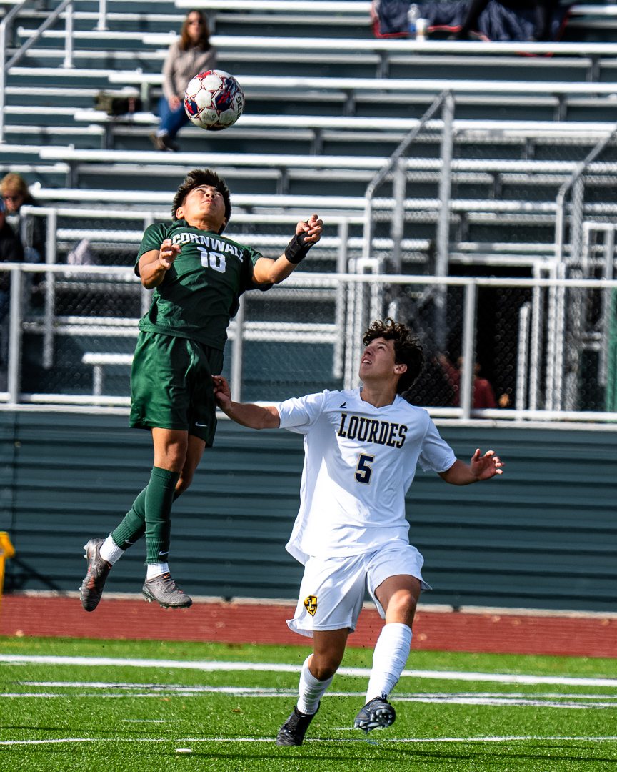 Boys soccer: Cornwall’s No. 10 rises to win a header in front of Lourdes’ No. 5 — 845 Sports Rewind staff photo
