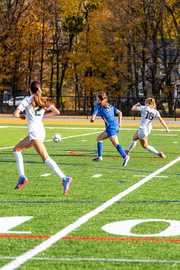 Girls soccer: Cornwall&rsquo;s Samantha Mastowski (16) strikes the ball past a Washingtonville defender &mdash; 845 Sports Rewind staff photo