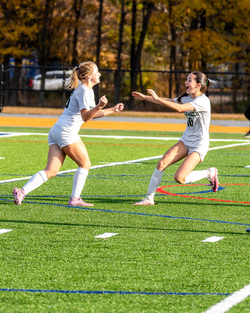 Girls soccer: Cornwall&rsquo;s Samantha Mastowski is congratulated by teammate Kathryn Breheny after her goal at Washingtonville &mdash; 845 Sports Rewind staff photo