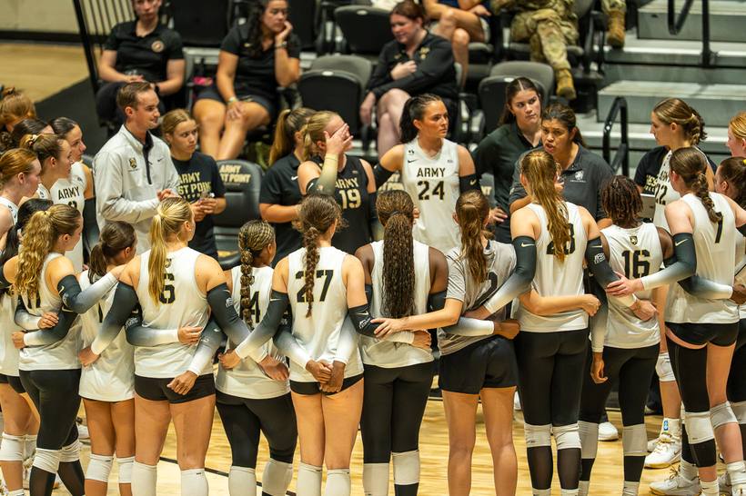Volleyball: Army huddles together during a break against UAlbany — photographed by Tim Reynolds for 845 Sports Rewind
